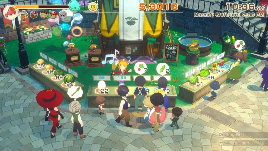 Stall bazaar di Zephyr Town &mdash; tempat kamu menarik pelanggan dengan lonceng dan memajang barang terbaik yang dipanen sepanjang minggu.