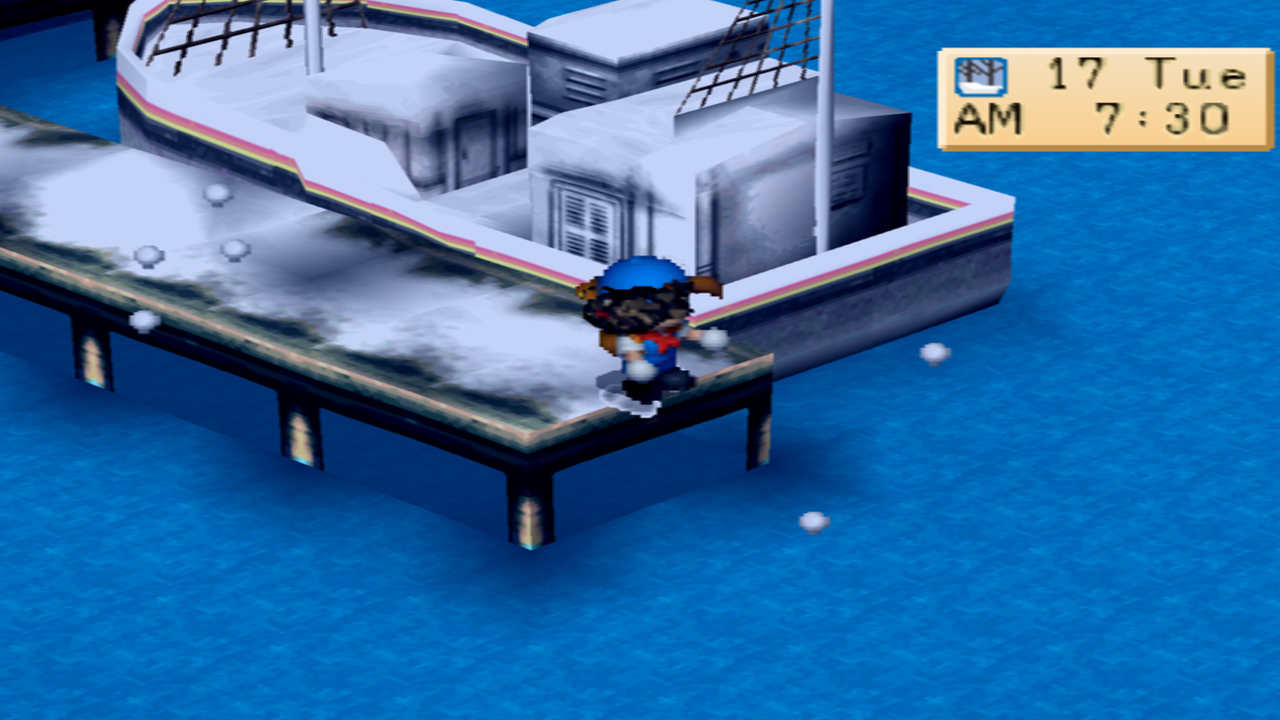 Cara memancing Angler di Mineral Beach malam hari musim Winter &mdash; Harvest Moon Back to Nature PS1